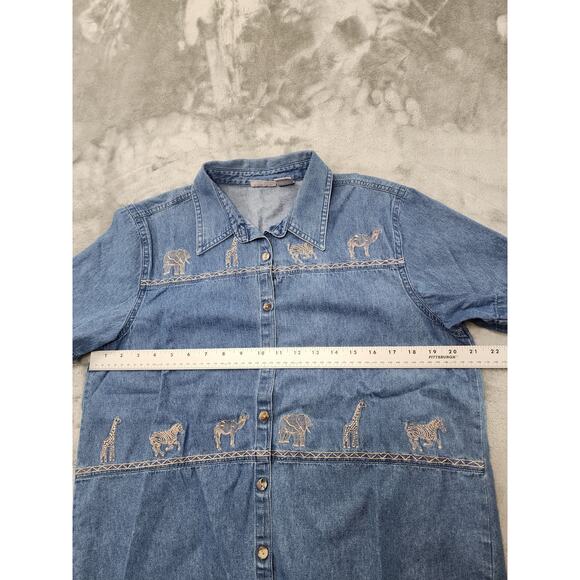 Vintage 90s Cabin Creek Denim Button Up Shirt Size L Blue Embroidered Animals - Picture 10 of 12